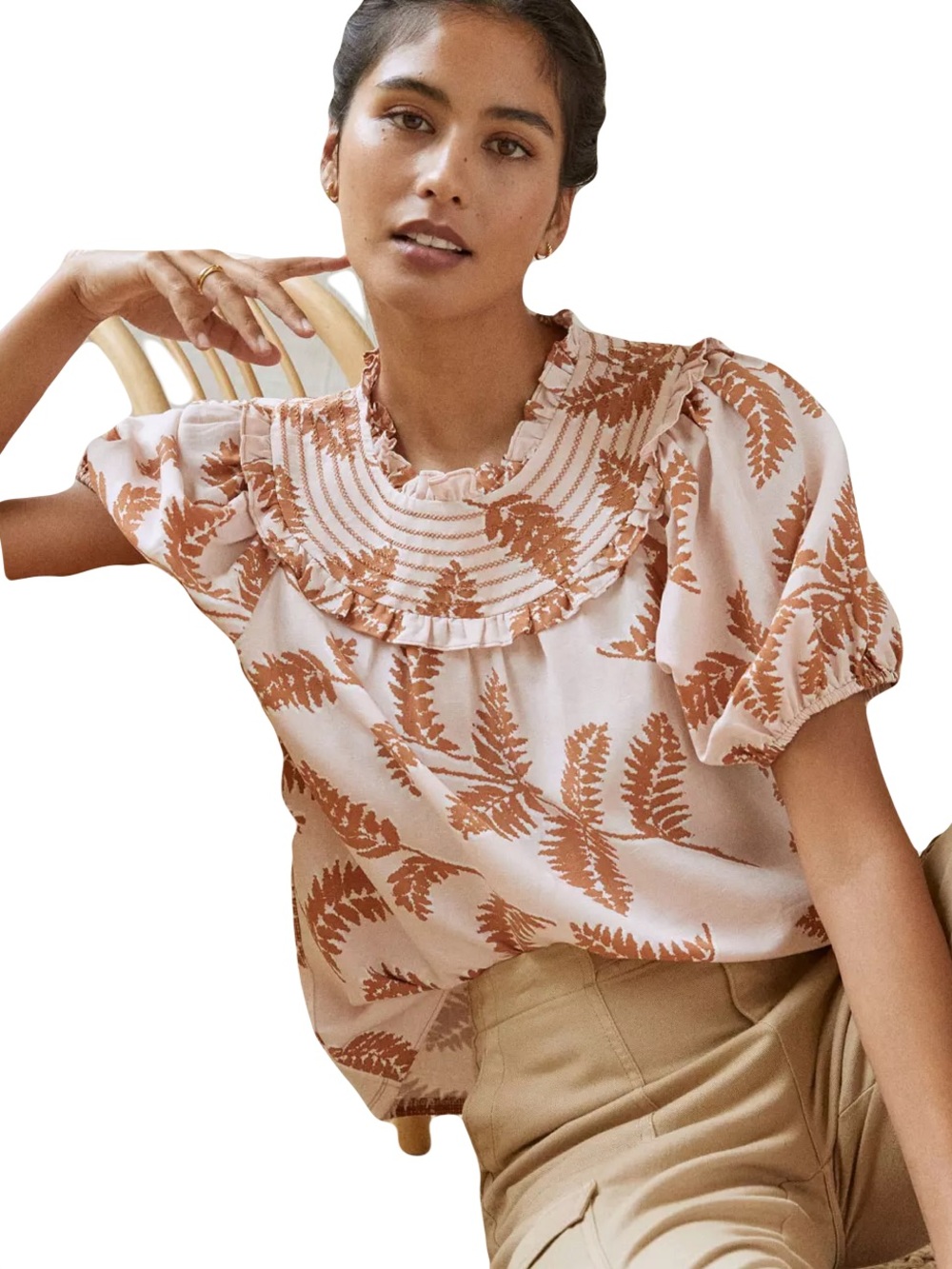 Anthropologie Current Air smocked collar top blouse linen minimalist S